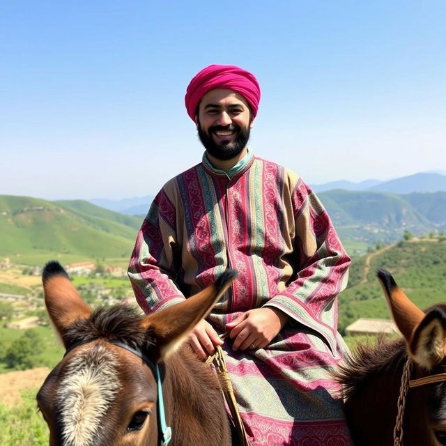 Ehsan Moradi Deh Sheikh, a resident of Choram, riding on a donkey with a cheerful smile