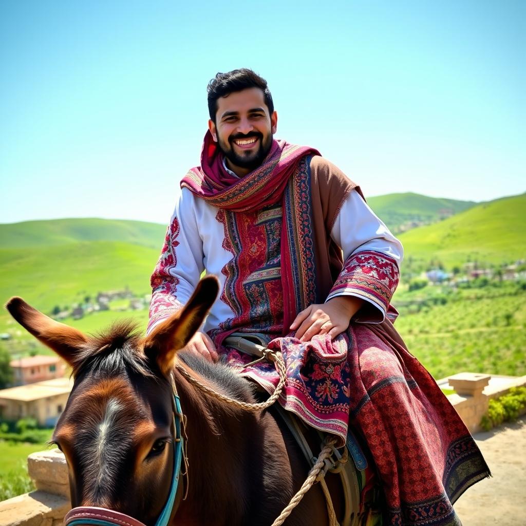 Ehsan Moradi Deh Sheikh, a resident of Choram, riding on a donkey with a cheerful smile