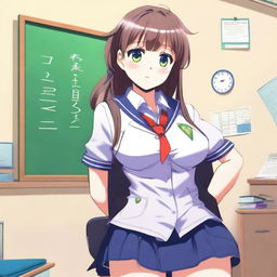 A high-quality digital art image depicting a teenage girl in a school uniform, with a notably curvy figure