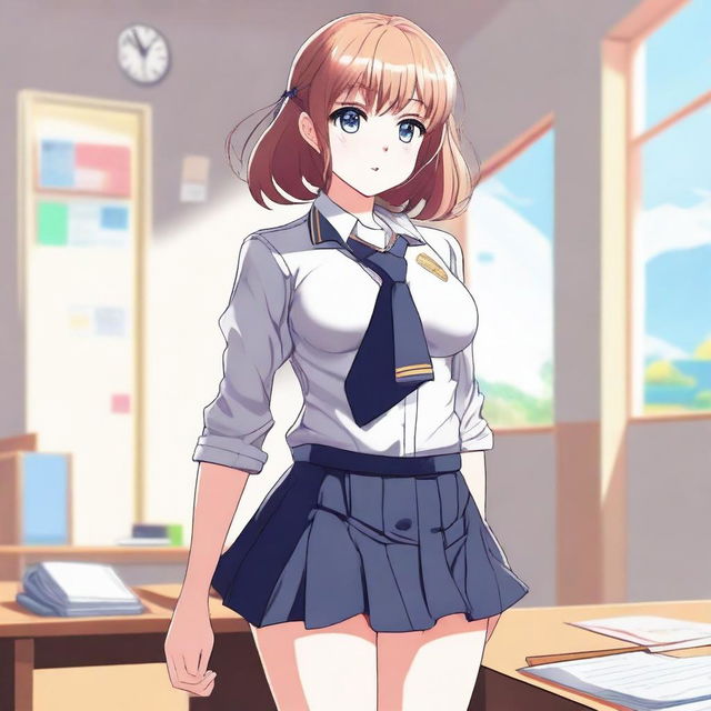 A high-quality digital art image depicting a teenage girl in a school uniform, with a notably curvy figure