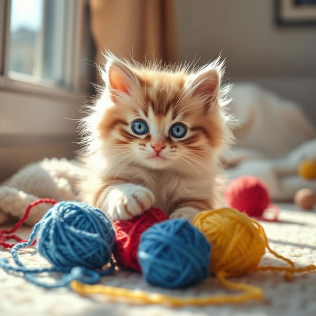 A beautifully styled, artistic representation of a fluffy and adorable fluffy kitten playfully interacting with colorful yarn balls in a sunlit room