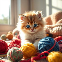 A beautifully styled, artistic representation of a fluffy and adorable fluffy kitten playfully interacting with colorful yarn balls in a sunlit room