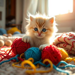 A beautifully styled, artistic representation of a fluffy and adorable fluffy kitten playfully interacting with colorful yarn balls in a sunlit room
