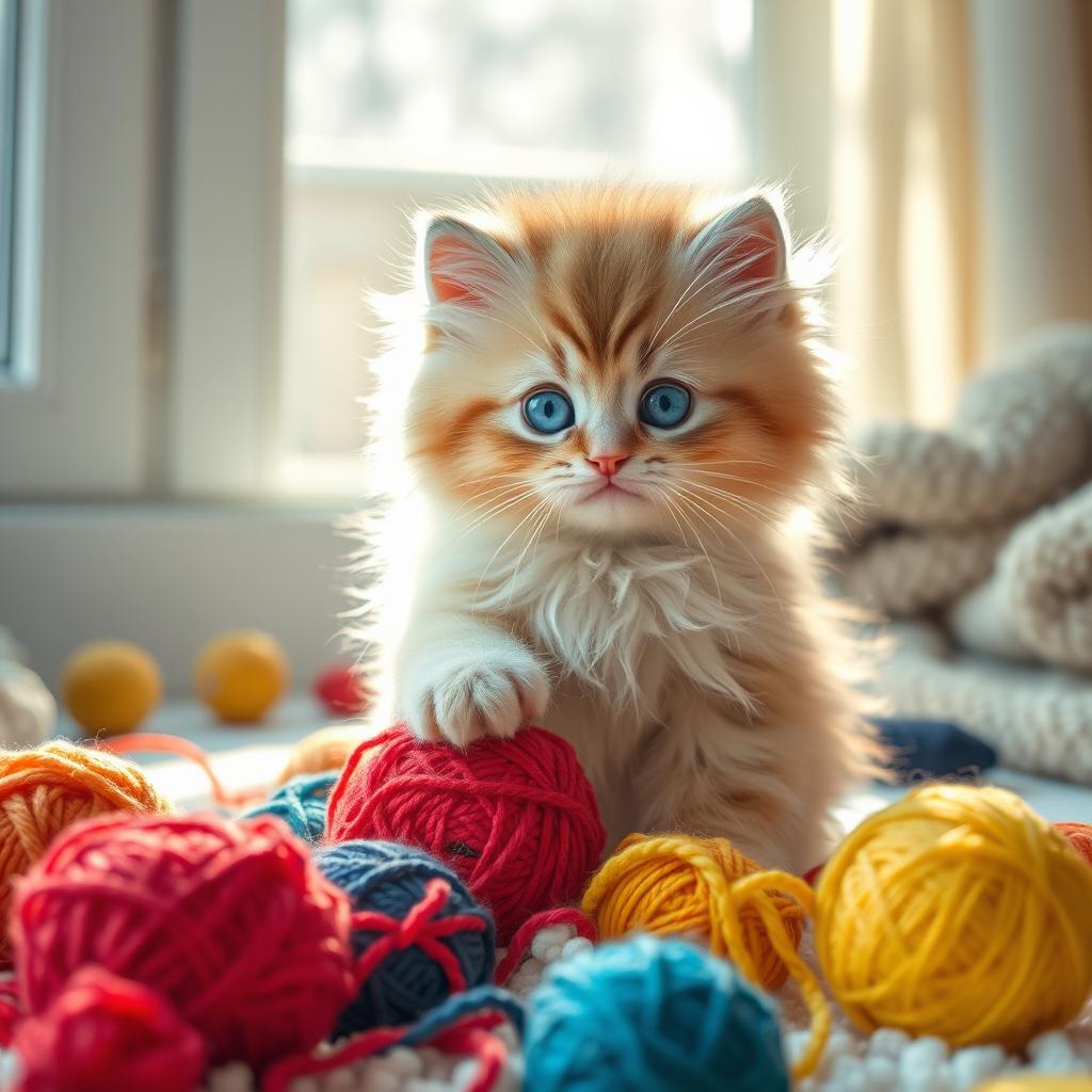 A beautifully styled, artistic representation of a fluffy and adorable fluffy kitten playfully interacting with colorful yarn balls in a sunlit room