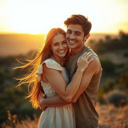 A warm and intimate scene of a young couple in a soft embrace, surrounded by a beautiful natural landscape during sunset