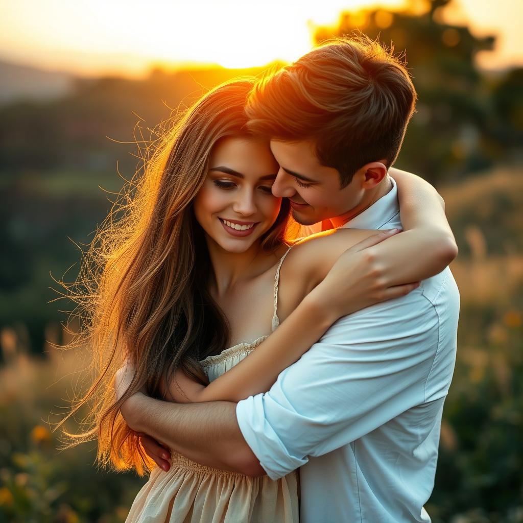 A warm and intimate scene of a young couple in a soft embrace, surrounded by a beautiful natural landscape during sunset