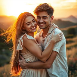 A warm and intimate scene of a young couple in a soft embrace, surrounded by a beautiful natural landscape during sunset