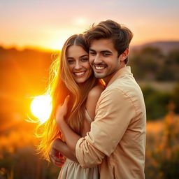 A warm and intimate scene of a young couple in a soft embrace, surrounded by a beautiful natural landscape during sunset