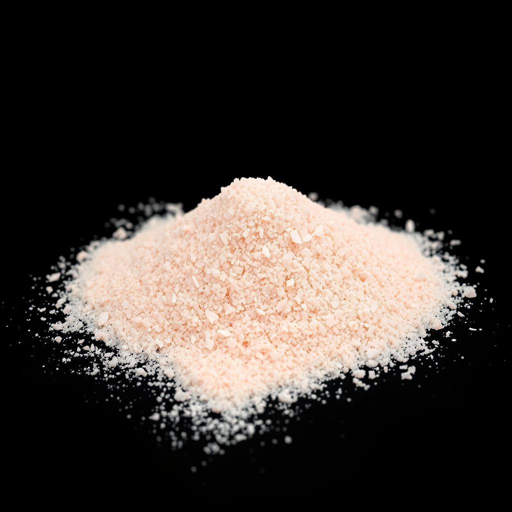 A mound of pink salt powder spilled on a flat surface, with nothing else in the image, and a completely black background