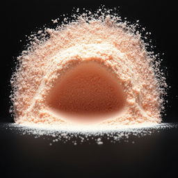 A mound of pink salt powder spilled on a flat surface, with nothing else in the image, and a completely black background
