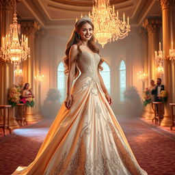 A dazzling princess standing elegantly in a grand ballroom, adorned in a stunning, flowing gown made of shimmering silk and lace, complemented with intricate beadwork