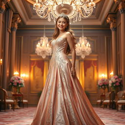 A dazzling princess standing elegantly in a grand ballroom, adorned in a stunning, flowing gown made of shimmering silk and lace, complemented with intricate beadwork