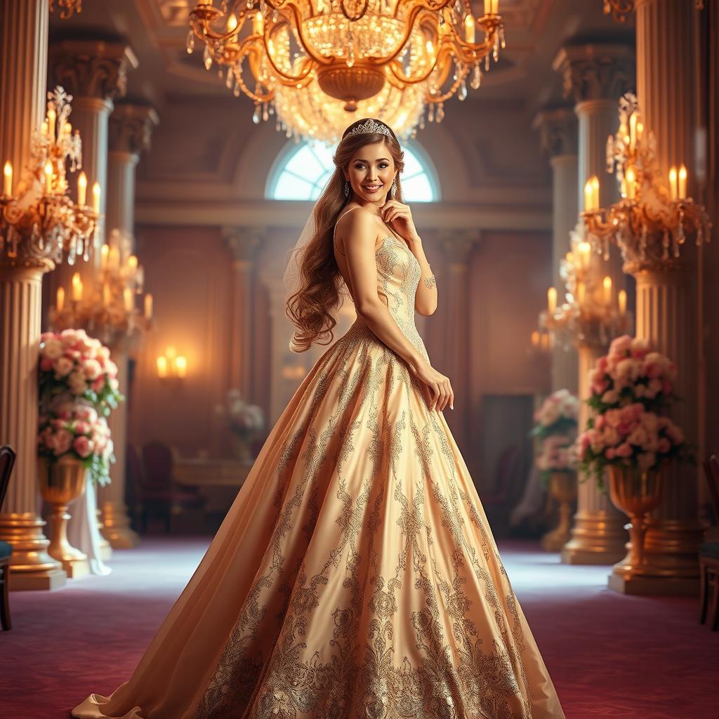 A dazzling princess standing elegantly in a grand ballroom, adorned in a stunning, flowing gown made of shimmering silk and lace, complemented with intricate beadwork
