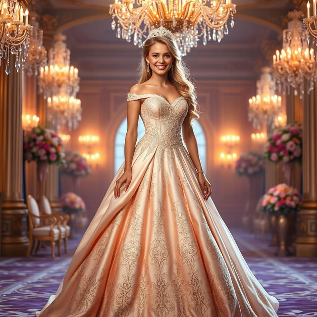 A dazzling princess standing elegantly in a grand ballroom, adorned in a stunning, flowing gown made of shimmering silk and lace, complemented with intricate beadwork