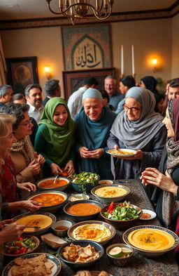 A diverse group of Minnesotans exploring Islamic culture, featuring individuals at a community event with a potluck that merges traditional Minnesota hotdish with Middle Eastern hummus