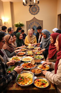 A diverse group of Minnesotans exploring Islamic culture, featuring individuals at a community event with a potluck that merges traditional Minnesota hotdish with Middle Eastern hummus