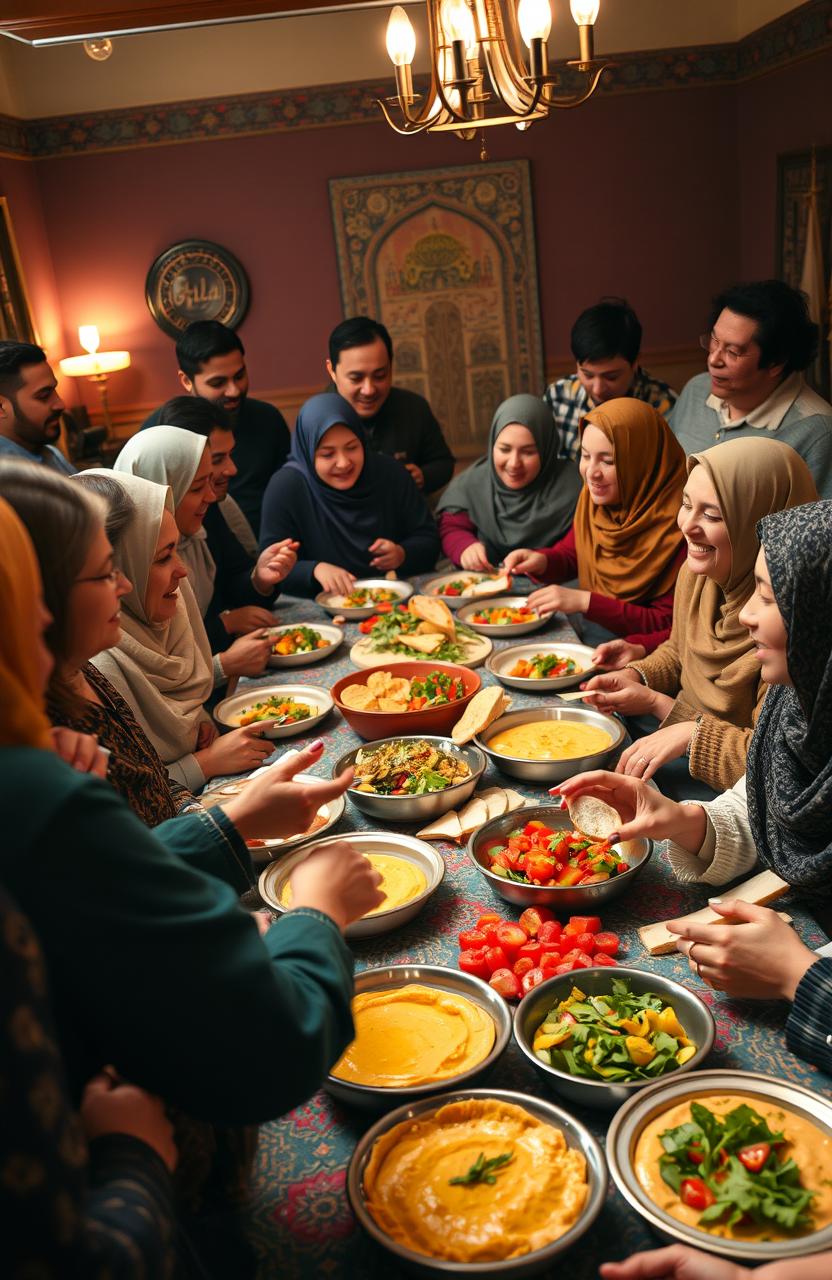 A diverse group of Minnesotans exploring Islamic culture, featuring individuals at a community event with a potluck that merges traditional Minnesota hotdish with Middle Eastern hummus