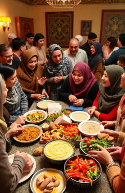 A diverse group of Minnesotans exploring Islamic culture, featuring individuals at a community event with a potluck that merges traditional Minnesota hotdish with Middle Eastern hummus