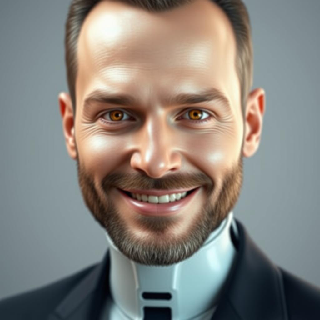 A highly realistic and artistic rendering of an AI resembling a human male with a small beard, featuring a professional and friendly smile