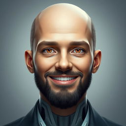 A highly realistic and artistic rendering of an AI resembling a human male with a small beard, featuring a professional and friendly smile