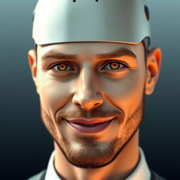 A highly realistic and artistic rendering of an AI resembling a human male with a small beard, featuring a professional and friendly smile