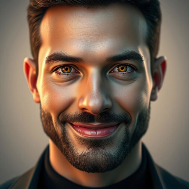 A highly realistic and artistic rendering of an AI resembling a human male with a small beard, featuring a professional and friendly smile