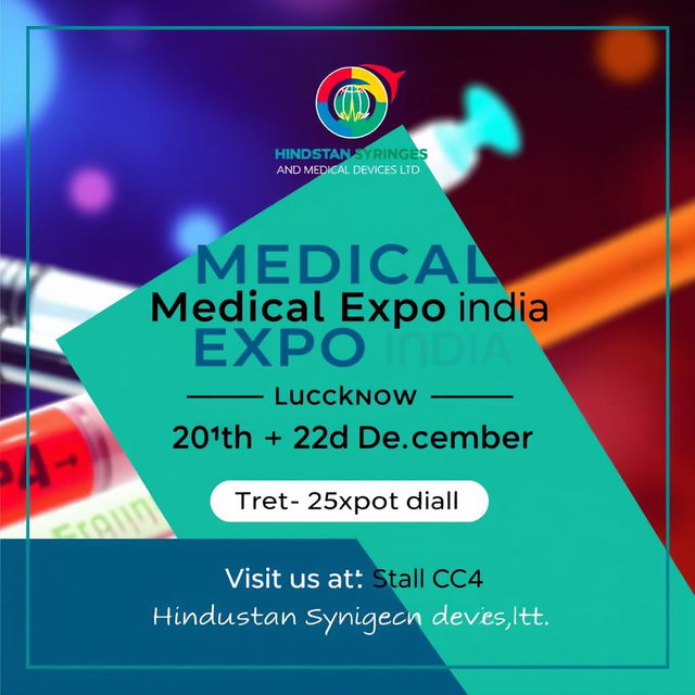 A vibrant and professional poster design for the Medical Expo India, showcasing the event details prominently: 'Medical Expo India, Lucknow, 20th to 22nd December', along with the text 'Visit us at Stall C3 C4, Hindustan Syringes and Medical Devices Ltd'