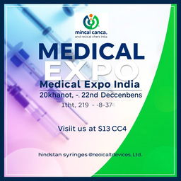A vibrant and professional poster design for the Medical Expo India, showcasing the event details prominently: 'Medical Expo India, Lucknow, 20th to 22nd December', along with the text 'Visit us at Stall C3 C4, Hindustan Syringes and Medical Devices Ltd'