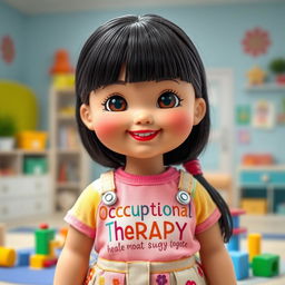 A charming doll designed to represent a medium-height girl with big, rosy cheeks and smiling lips, radiating joy