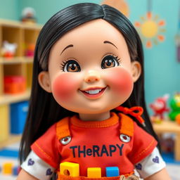 A charming doll designed to represent a medium-height girl with big, rosy cheeks and smiling lips, radiating joy