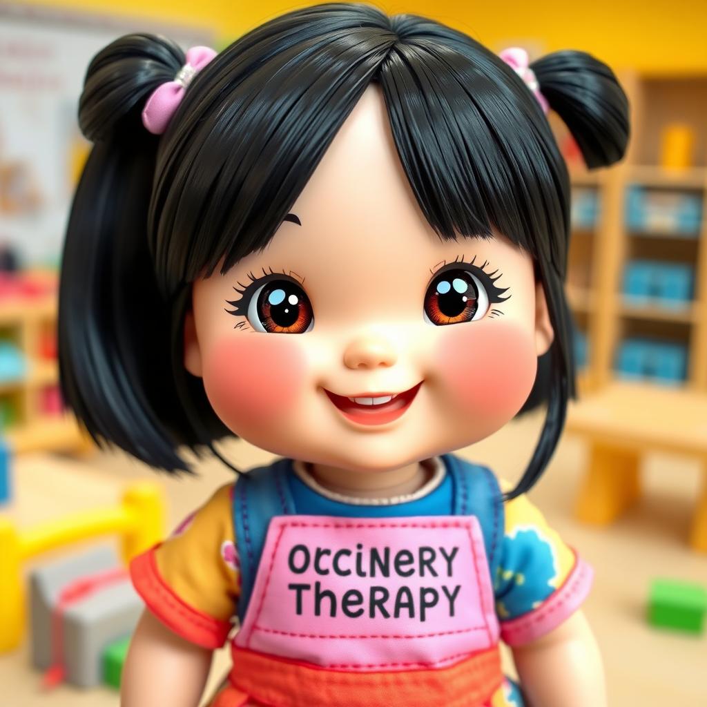 A charming doll designed to represent a medium-height girl with big, rosy cheeks and smiling lips, radiating joy