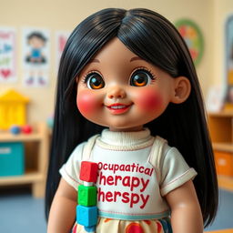 A charming doll designed to represent a medium-height girl with big, rosy cheeks and smiling lips, radiating joy