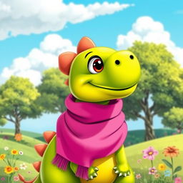 A colorful, cartoon-style dinosaur wearing a bright pink scarf around its neck
