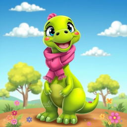 A colorful, cartoon-style dinosaur wearing a bright pink scarf around its neck