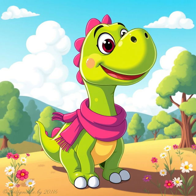 A colorful, cartoon-style dinosaur wearing a bright pink scarf around its neck