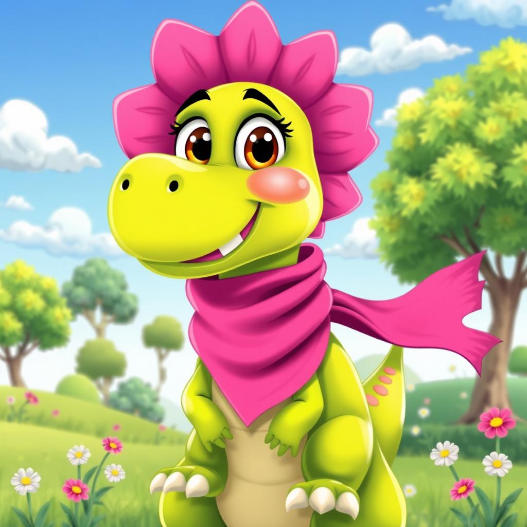 A colorful, cartoon-style dinosaur wearing a bright pink scarf around its neck