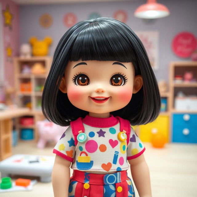 A delightful doll designed to represent a medium-height girl with big, adorable cheeks and smiling, rosy lips, exuding a cheerful personality