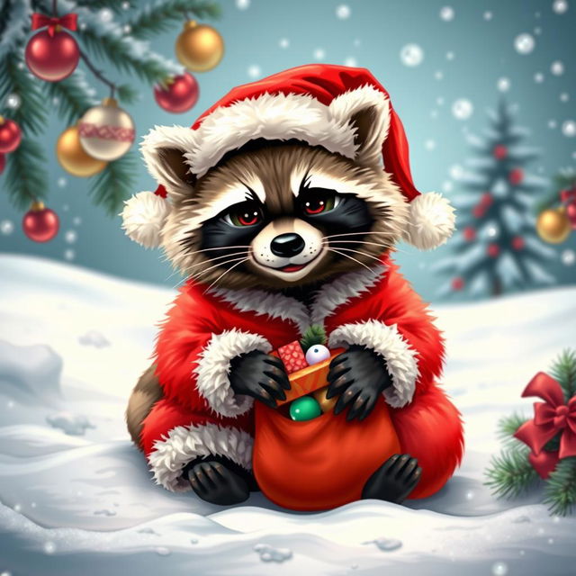 A charming raccoon dressed as Santa Claus, wearing a fluffy red Santa suit with white trim and a matching hat