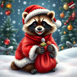 A charming raccoon dressed as Santa Claus, wearing a fluffy red Santa suit with white trim and a matching hat
