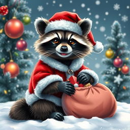 A charming raccoon dressed as Santa Claus, wearing a fluffy red Santa suit with white trim and a matching hat