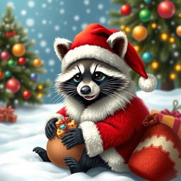 A charming raccoon dressed as Santa Claus, wearing a fluffy red Santa suit with white trim and a matching hat