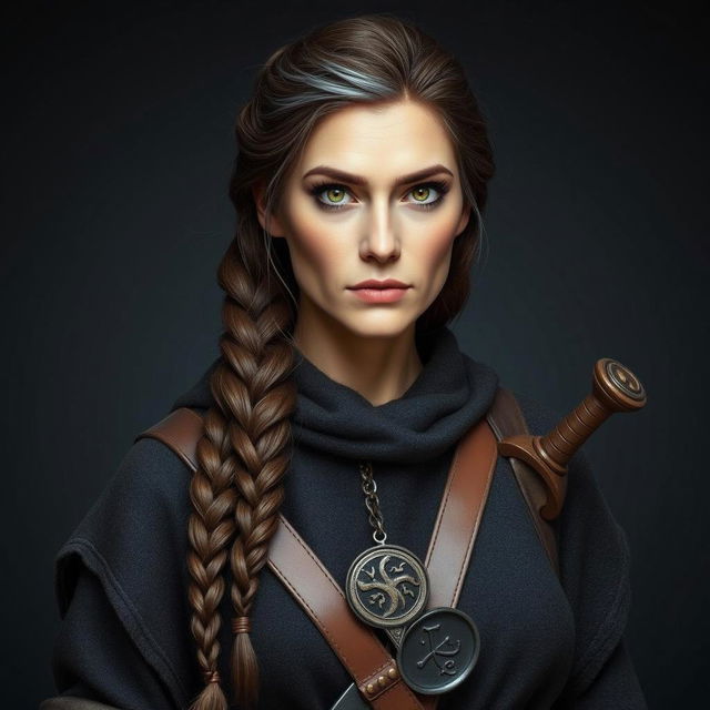 A fierce female warrior with long, braided hair, wearing a dark hooded cloak