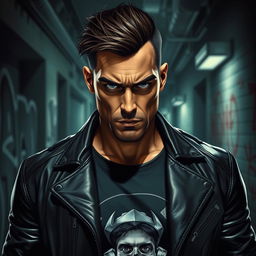 A stylish and edgy depiction of a 'bad man', featuring a rugged, charismatic male character with a strong jawline and piercing eyes