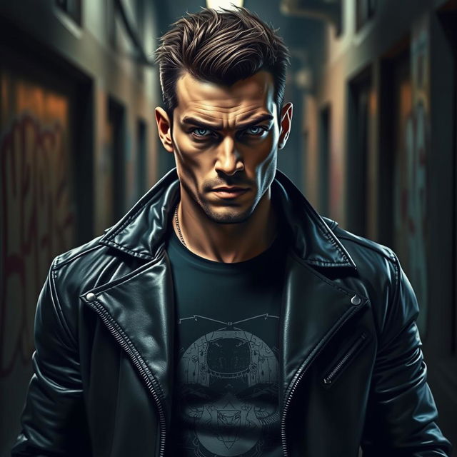 A stylish and edgy depiction of a 'bad man', featuring a rugged, charismatic male character with a strong jawline and piercing eyes