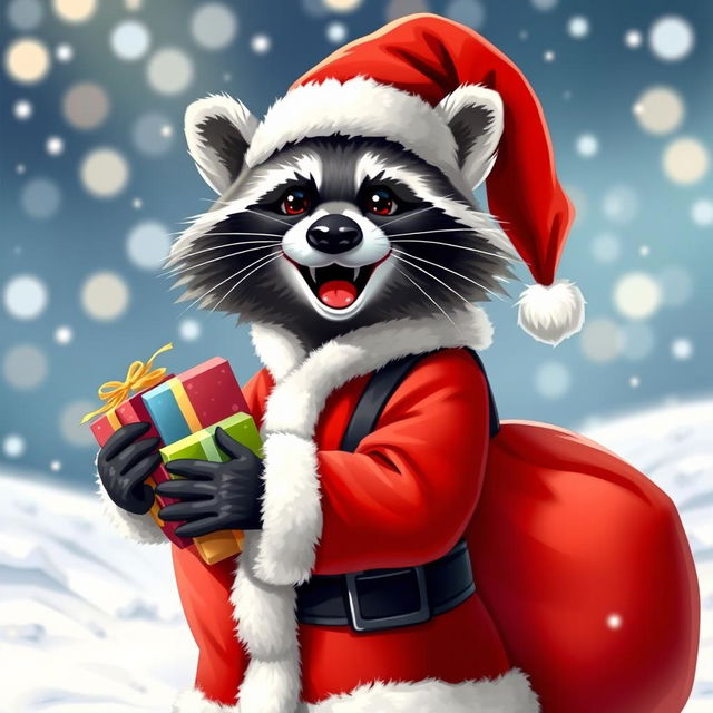 A cheerful raccoon dressed as Santa Claus, complete with a red suit, white fur trim, and a black belt