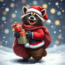 A cheerful raccoon dressed as Santa Claus, complete with a red suit, white fur trim, and a black belt