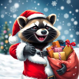 A cheerful raccoon dressed as Santa Claus, complete with a red suit, white fur trim, and a black belt