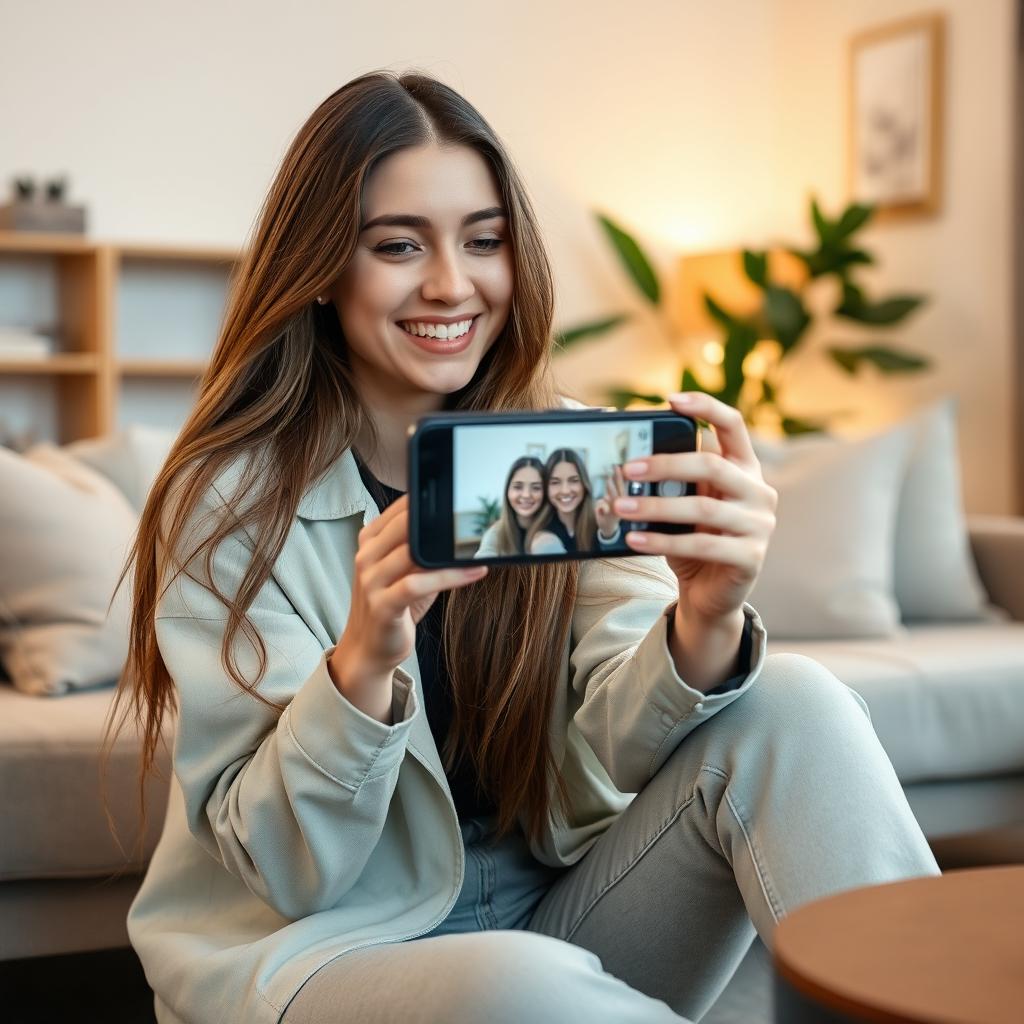 A young woman sitting in a cozy, well-decorated living room, holding a smartphone in her hands as she records a video