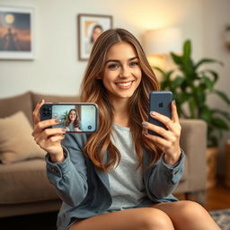 A young woman sitting in a cozy, well-decorated living room, holding a smartphone in her hands as she records a video