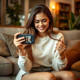 A young woman sitting in a cozy, well-decorated living room, holding a smartphone in her hands as she records a video